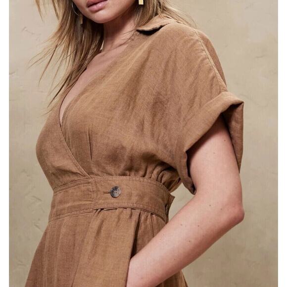 Banana Republic Sedona Linen Dress Midi Faux Wrap Collared Pockets Women’s XL - Picture 3 of 12